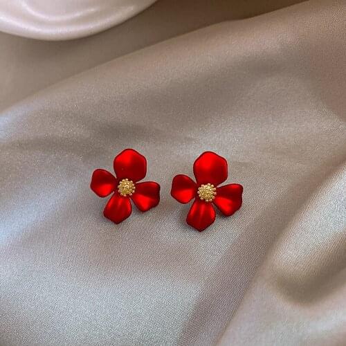 Bijoux Simple Handmade Copper Wire Brincos Oorbellen Red Flower Earrings Red Flower Shape Four Petals Earring Women Jewelry