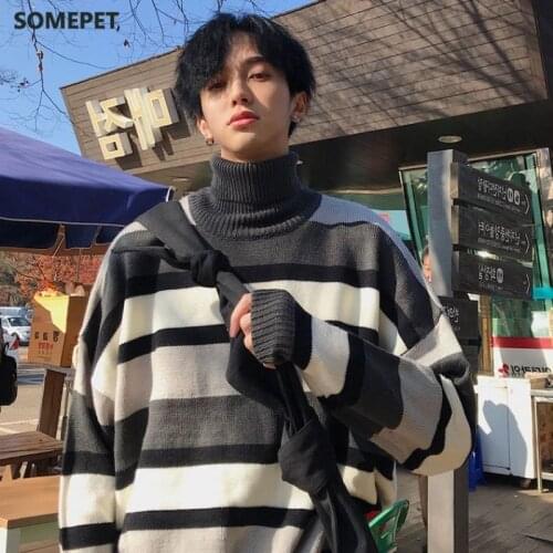 Turtleneck Sweaters Men Striped Simple All-match Loose 2XL Harajuku Chic Korean Mens Clothing Knitting High Quality Fashionable