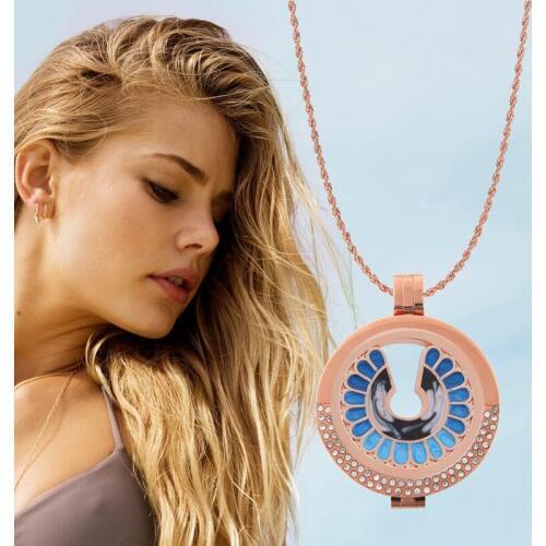 Vinnie Design Stainless Steel Crystal Pendant Necklace with 33mm Tropical Pacific Blue Coin Disc,80cm Rose Gold Soprano Chain