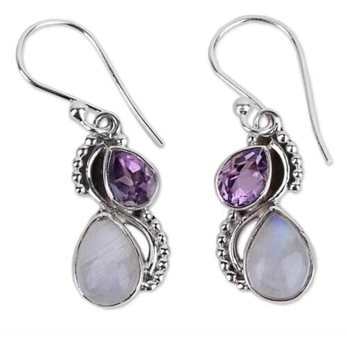Vintage Silver Color Water Drop Purple Crystal Long Drop Earrings for Women Moonstone Crystal Dangle Earring Wedding Jewelry