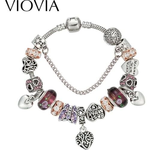 VIOVIA Vintage Silver Color Charm Glass Bracelets For Women Crystal Heart Bead Bracelets & Bangles Pulseras DIY Jewelry B16147
