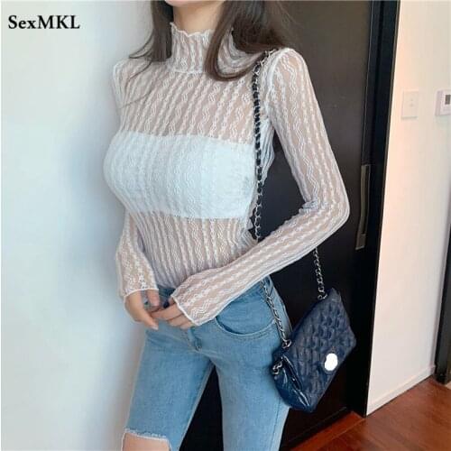 Sexy White Hollow Out Lace Blouses Women 2021 Fashion Transparent Long Sleeve Corset Top Elegant Slim French Basic Blusa Mujer