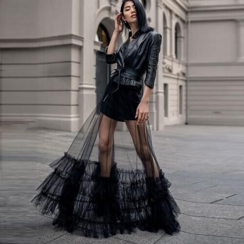 High Street Black See Thru A-line Women Tulle Skirts Ruffles Bottom Fashion Long Tulle Skirt Female Maxi Skirt Tutu