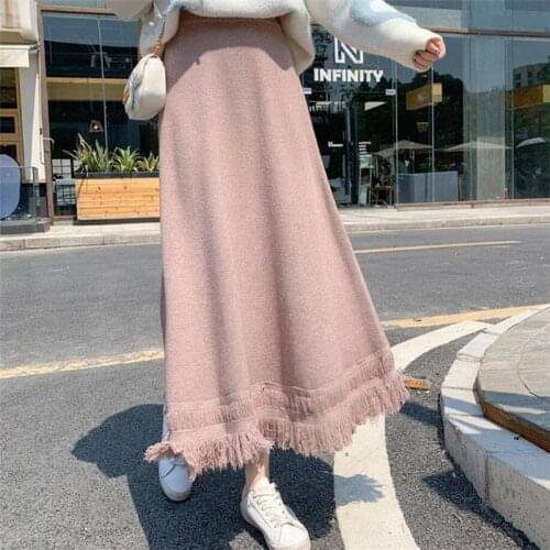 Women 2020 Autumn Winter Fashion Tassel Knitted Long Skirt Female Warm A-Line Maxi Skirt New High Waist Solid Casual Skirts Y57