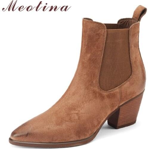 Meotina Genuine Leather Ankle Boots Shoes Women Thick High Heel Boots Pointed Toe Slip On Pigskin Lady Footwear Autumn White 42