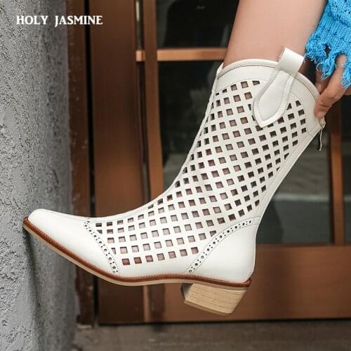 2021 Autumn New Shoes Woman Designers Chic Hollow Boots Pointed Toe Natural Genuine Leather Women Boots Mid-Calf Womens Shoes