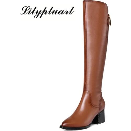 British style cowhide material zippered decorative boots pointed thick high heel side zipper rubber soles winter boots women