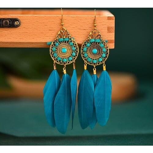 Summer Bohemian Pink Feather Earrings For Women Vintage Dream Catcher Hollow Alloy Earrings Brincos Indian Jewelry