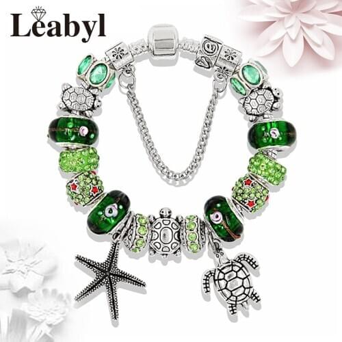 Antique Silver Color Tortoise Starfish Beads Bracelet Green Ocean Style Charm Bracelet & Bangles ulseira Women Jewelry