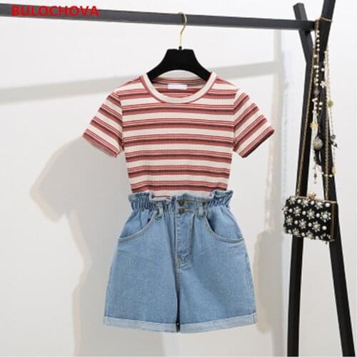 Women Fashion Striped Short Sleeve T-Shirt Tops + Denim Shorts 2 Pieces Sets 2021 Summer Design Students Wide Leg Hot Pants Suit