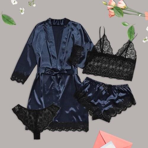 4-piece Women Sexy Pajama Sets Garter Lingerie Set Robes Lace Bodysuit Deep-v Neck Underwear Satin Nightwear Bathrobe 2021