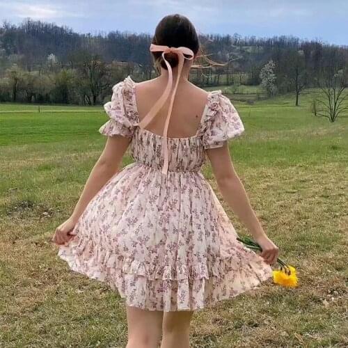 Foridol Puff Sleeve White Print Floral Dress Women Summer Short Cute Beach Dress Vestidos Square Collar Boho Dress