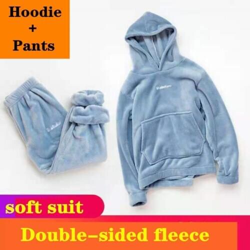 Winter Women Fleece Hoodie+Pants Flannel Pajama Set Pajamas Sleepwear Home Clothes Thick Warm Coral Velvet Female Nightgown Suit