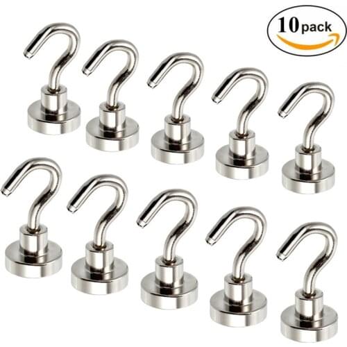 10Pcs Magnetic Hooks 12LB Heavy Duty Magnet Hooks with Strong Permanent Neodymium Powerful Hanger for Refrigerator BBQ Grill #50