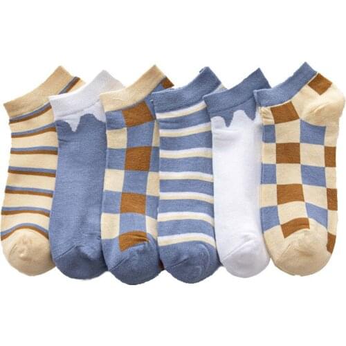 6 Pairs / Lot Women Socks Spring New Japanese Plaid Boat Socks Hit Color Fashion Womens Socks