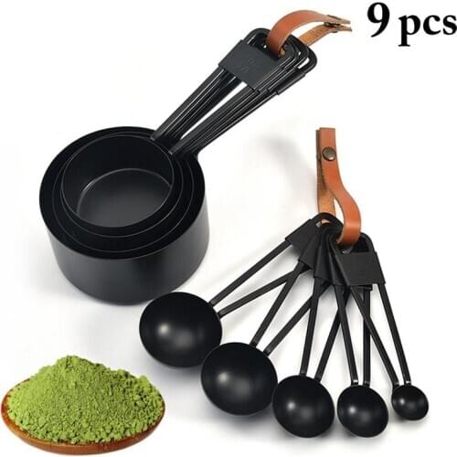 9pc/Set Multi Purpose Spoons Kitchen Cook Black Stainless Steel Teaspoon Scoop Measuring Spoons Cups Measuring Set KitchenTools