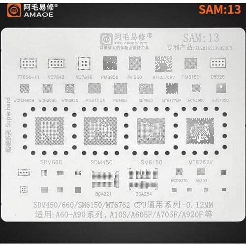 Amaoe BGA Reballing Stencil For A60-A90 series A10S A920F SDM450 660 SM6150 MT6762 BGA221 BGA254 Steel mesh SAM13