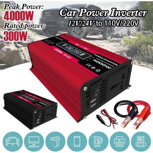 Car Power Inverter DC 12V to AC 110/220V Car Converter with 2.4A Dual USB Adapter, LCD Display and AC Outlet