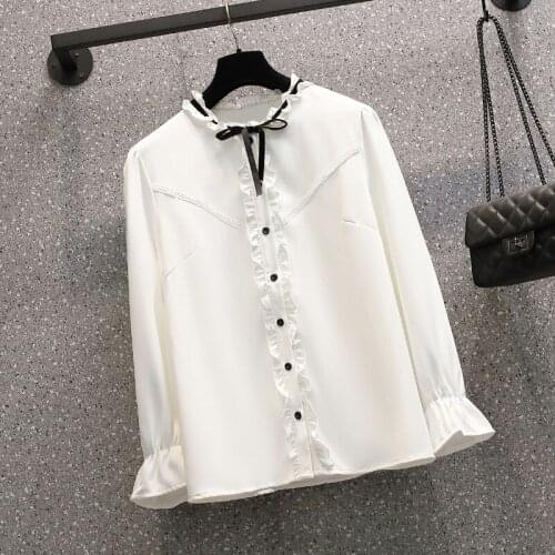 White Bow Long Sleeved Plus Size Korean Autumn Elegant Fashion Blouses And Tops WomenS Oversize Shirt Clothing 2021 Female