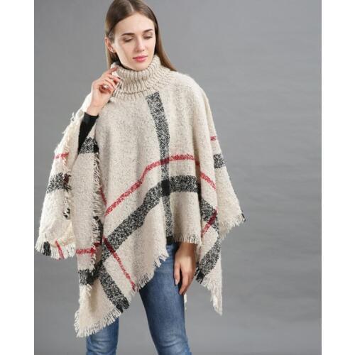 MingjiebihuoEurope and the United States large size foreign trade ladies cloak high collar lattice warm loose tassel cloak shawl