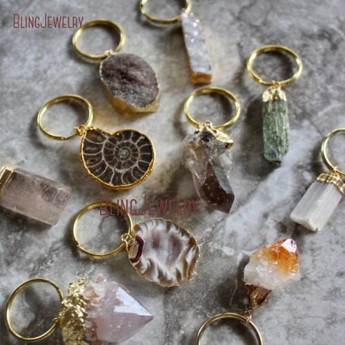 Spirit Quartz Agates Druzy Geode Druzy Bar Geode Key Chains Golden Brass Key Rings KE18786
