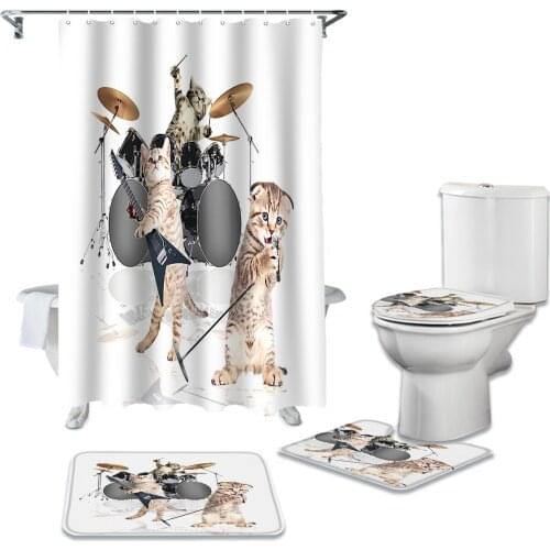 Cat Drum Guitar Cute Shower Curtain Sets Non-Slip Rugs Toilet Lid Cover and Bath Mat Waterproof Bathroom Curtains