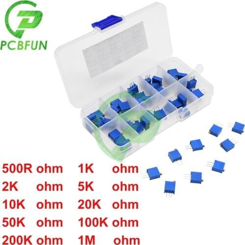 50pcs/lot 3296W Series 500R 1K 2K 5K 10K 20K 50K 100K 200K 1M Multi-turn Potentiometer 10K Variable Resistors With Box Set 3296W