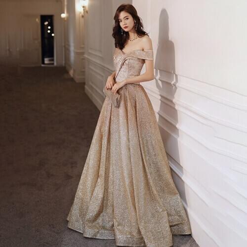 New Gold Evening Dresses Boat Neck A-line Floor-length Simple Off the Shoulder Bing Plus size Customized Woman Formal Dress A141