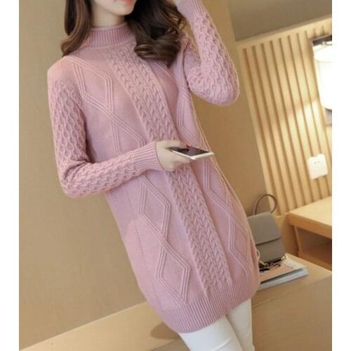 2021 Autumn Girls Solid Color Half High Collar Long Kniited Pullover Sweater