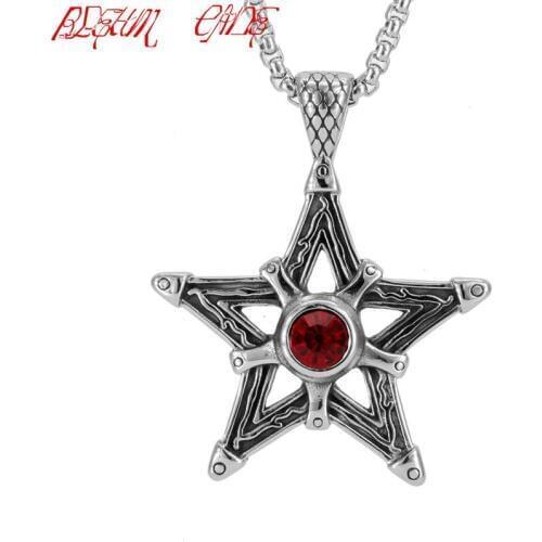 Stainless Steel Pentagram Red/Black Rhinestone Inlaied Pendant Necklaces Pentagram Fashion Jewelry Necklace