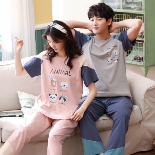 Women and men 2019 summer new Korean cotton couple pajamas short sleeve trousers casual and comfortable two piece pajama sets