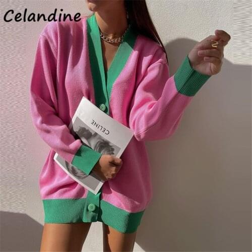 Celandine Casual V Neck Fashion Women 2021 Knitted Y2K Cardigans Sweater Tops Oversized Long Sleeve Chic Female Loose Cardigans
