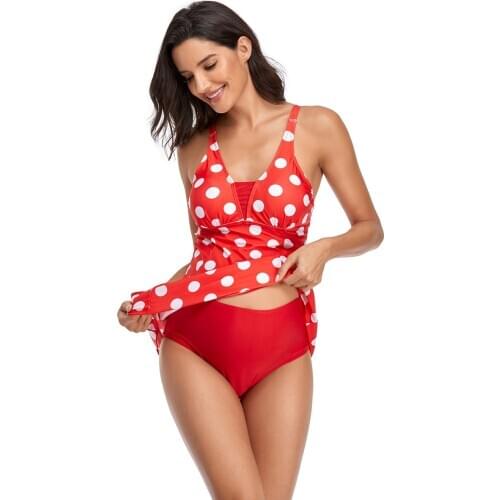 Plus Size Two Piece Swimsuit Women Padded Swimwear Polka Dot Halter Push Up Bathing Suits Floral Swim Dress Skirt Swimdress