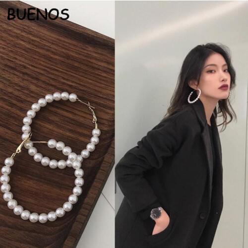 Buenos Trendy 4CM-6CM Pearl Hoop Earrings for Women 2019 Exaggerated Large Pearl Big Circle Ear Rings Earrings Fashion Jewelry