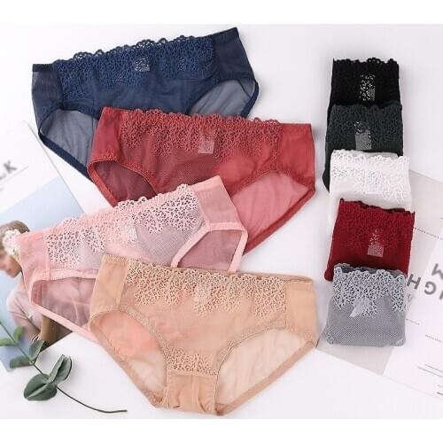 Mesh Sexy Women Panties Floral Side Low Waist Brief Seamless Lace Side Hollow Breathable Stretchy Brief Intimate Underpants