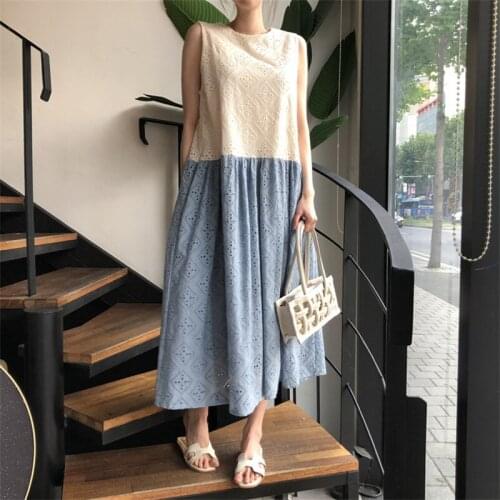 Retro Crochet Hollow Hit Color Loose Sleeveless Dress