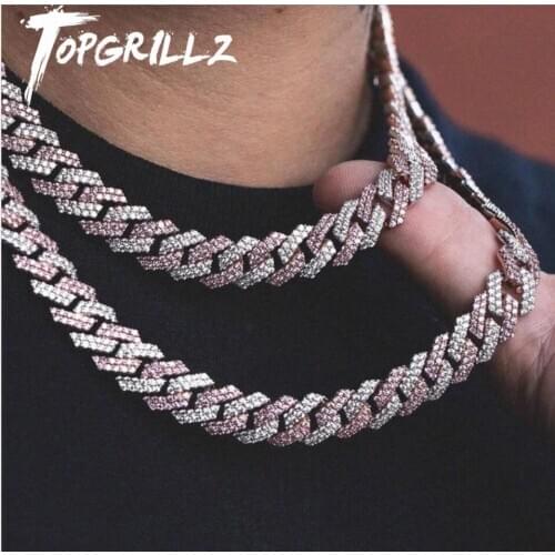 TOPGRILLZ 14mm Miami Prong Set Cuban Chains Necklace For Men Gold Color Hip Hop Jewelry Pink CZ Rapper Necklace