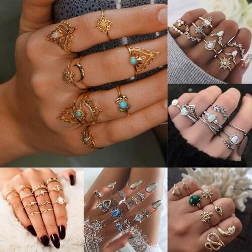 Vintage Boho Geometric Star Moon Knuckle Rings for Women Crystal Zircon Finger Rings Set Ethnic Style Beach Party Jewelry Gift