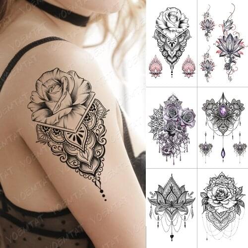 Waterproof Temporary Tattoo Sticker For Adult Black Henna Flower Rose Flash Tattoos Leaf Peony Body Art Arm Fake Tatoo Women Men