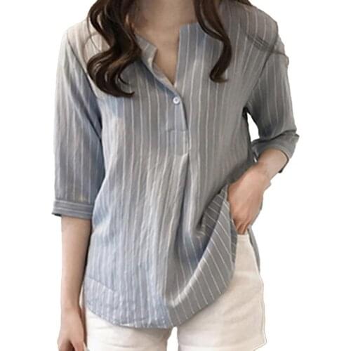 Summer Shirt Women Stripe 3/4 Sleeve Women Round Neck Loose Vintage Women Blouse Summer Party Streetwear XXXL