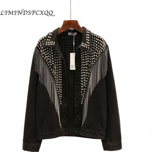 Autumn Denim Jacket Coat Women Rivet Tassel Chain Short Coats Woman Loose Streetwear Long Sleeve Black Coats Abrigo de mujer