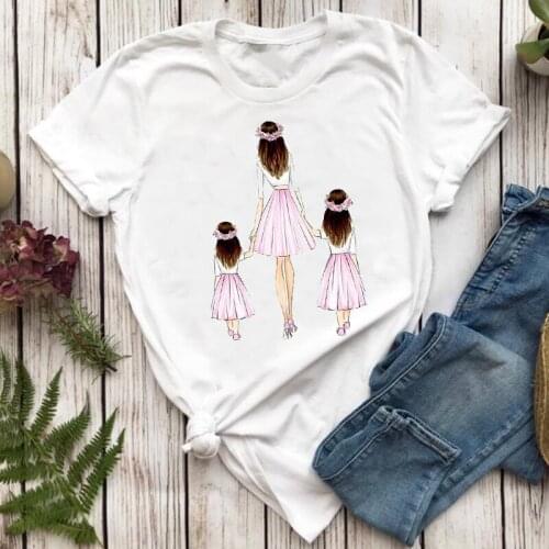 Women T-shirts Happy Time Cute Mom Mother Daughter Girl Mama Cartoon Ladies Print Graphic T Top Lady Shirt Female Tee T-Shirt