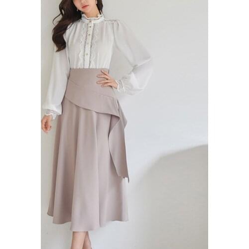 New 2 Pieces Set Women Spring White Spliced Lace Shirts And High Waist A-Line Ruffle Skirts Suit Korean Casual Office Lady