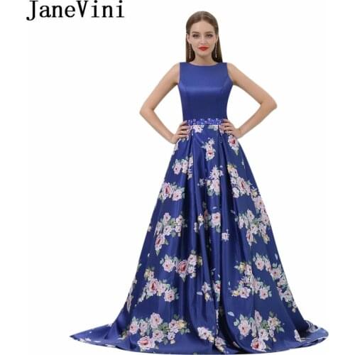 JaneVini Elegant Backless Floral Prom Dresses Royal Blue Beading Flowers Print Long Woman Formal Evening Dress Satin Gala Gowns