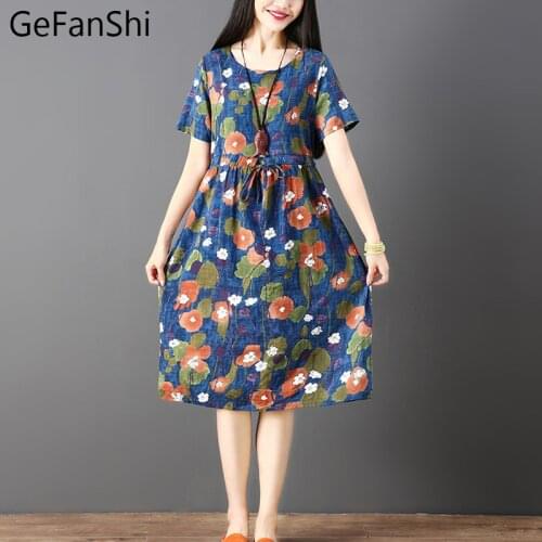 Fashion 2021 New Summer Women Dresses Casual Cotton Summer Dress Short Sleeve O-Neck Print Floral Loose Vintage Dress