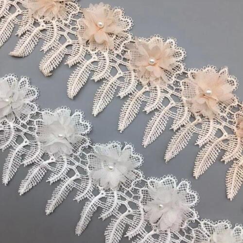 1 yard White and Pink Pearl Beaded Embroidered 3D Flower Tassel Lace Trim Applique Fabric Sewing Craft DIY Wedding Dress