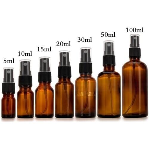 300pcs 5-100ml Portable Amber Glass Essential Oil Spray Bottle Mist Sprayer Container Travel Refillable Bottle Transparent Brown