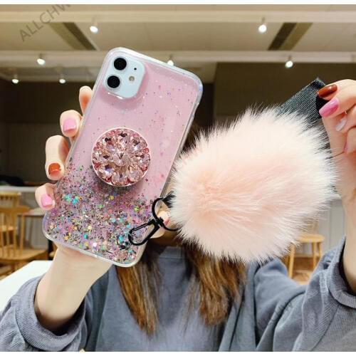 DIY Glitter Diamond Holder Stand Hair Ball Phone Cases For Samsung A10 A20 A30 A40 A50 A70 A80 A90 S20 S20E A6Plus A20S A7 2018