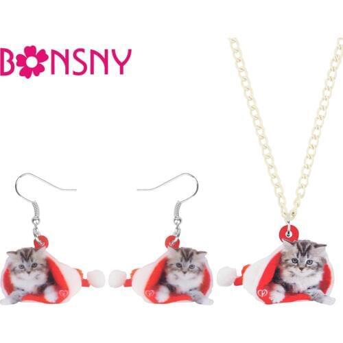 Bonsny Acrylic Christmas Hat Persian Cat Jewelry Sets Necklace Earrings Animal Jewelry For Women Girls Teen Party Gift Accessory