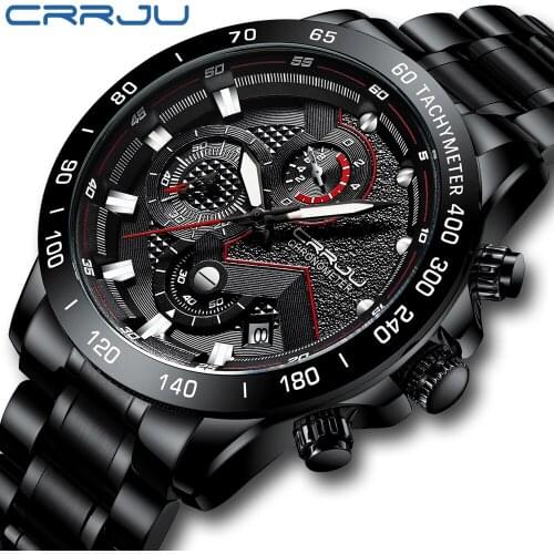 CRRJU Luxury Brand Watches New Mens Black Case Blue Black Stainless Steel Men Watches Chronograph Relojes Hombre StopWatch AAA